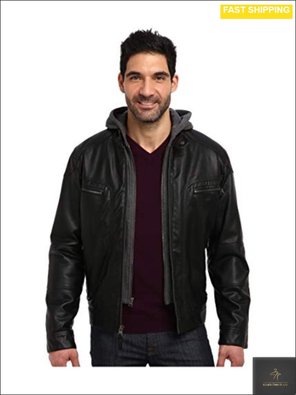 Faux Leather Motorcycle Jacket with Removable Hoodie Moto
